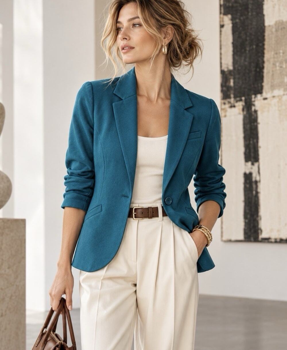 ModCloth Teal Blazer M Ruched 3/4 Sleeve One Button Retro Career Jacket